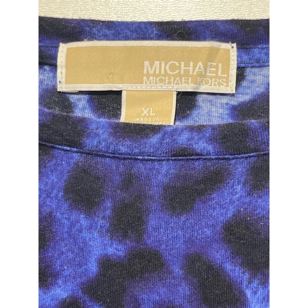 Michael Kors Womens XL Blue Black Leopard Animal Print Long Sleeve Crew Neck Top